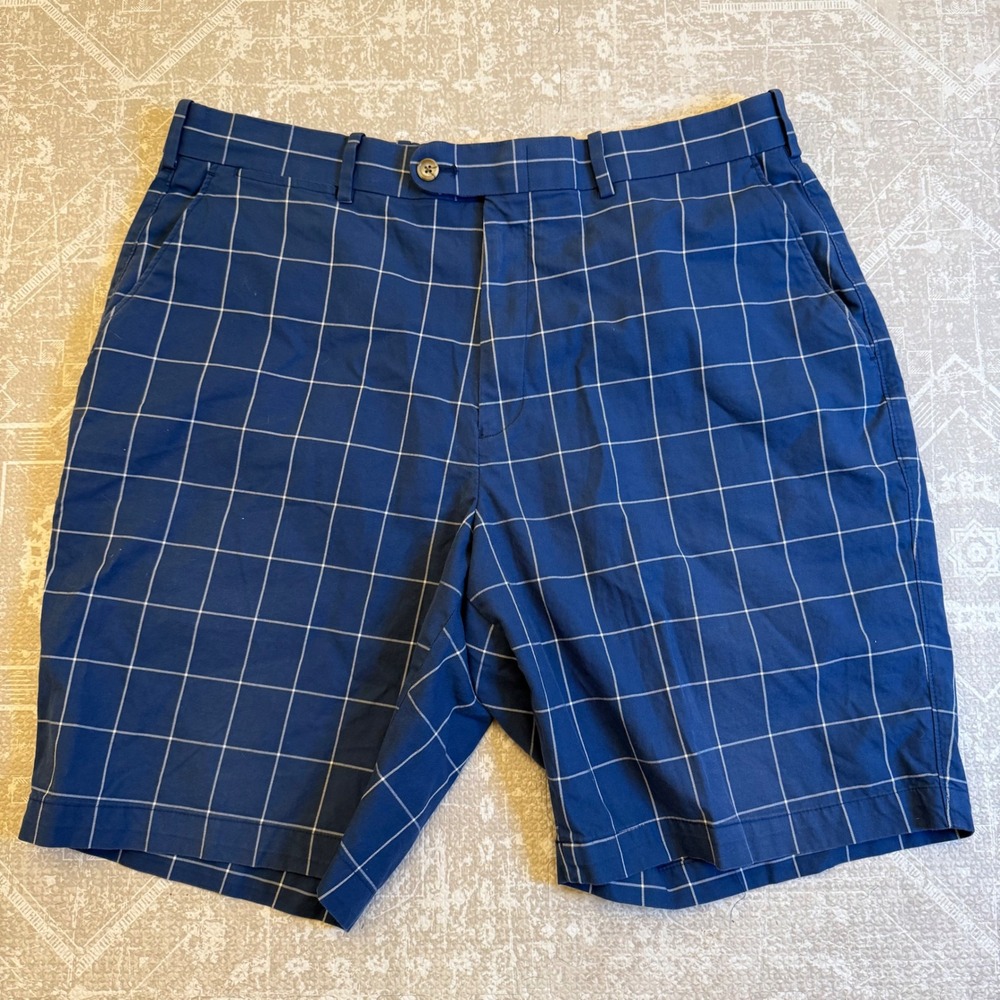Peter Millar Mens Golf Shorts Size 36 Blue Plaid Flat Front Cotton